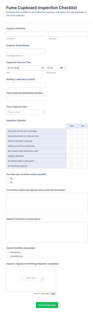 Fume Cupboard Inspection Checklist Form Template