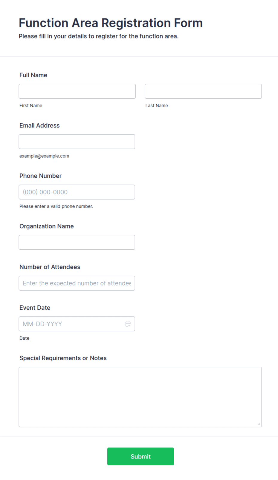 Function Area Registration Form Template | Jotform