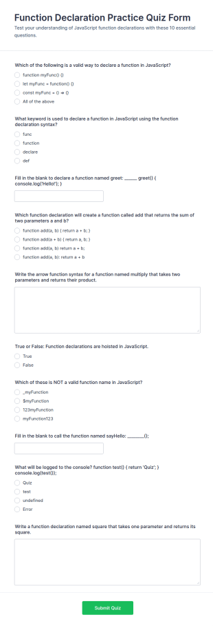 Function Declaration Practice Quiz Form Template