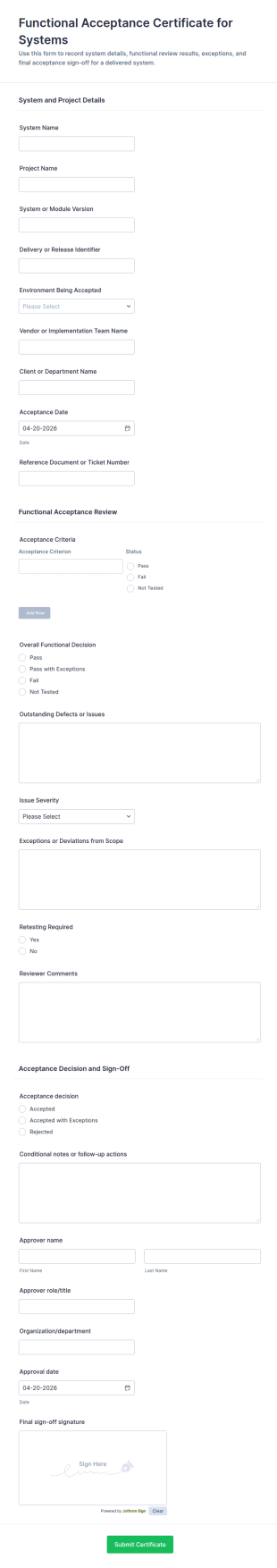 Functional Acceptance Certificate For Systems Form Template