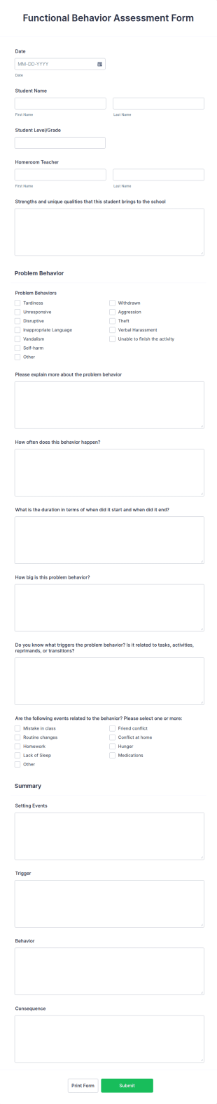 Functional Behavior Assessment Form Template