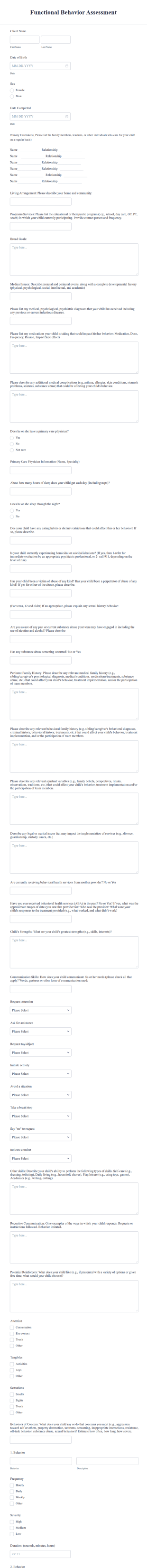 Functional Behavior Assessment Form Template