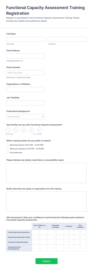 Functional Capacity Assessment Training Registration Form Template