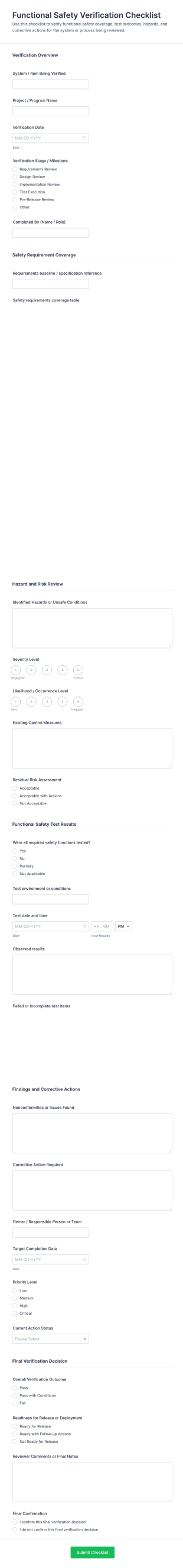 Functional Safety Verification Checklist Form Template