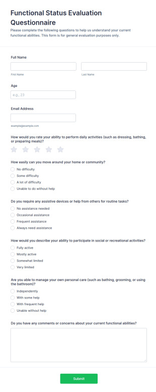 Functional Status Evaluation Questionnaire Form Template