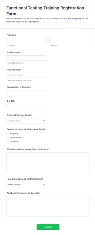 Functional Testing Training Registration Form Template