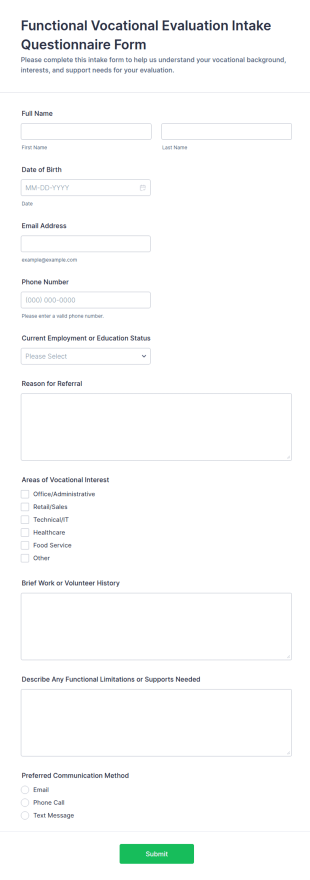Functional Vocational Evaluation Intake Questionnaire Form Template