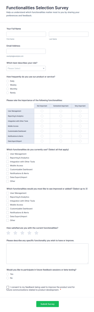 Functionalities Selection Survey Form Template