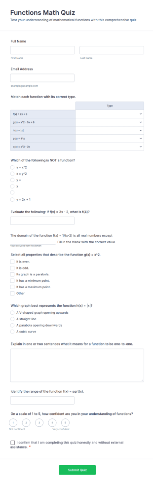 Functions Math Quiz Form Template