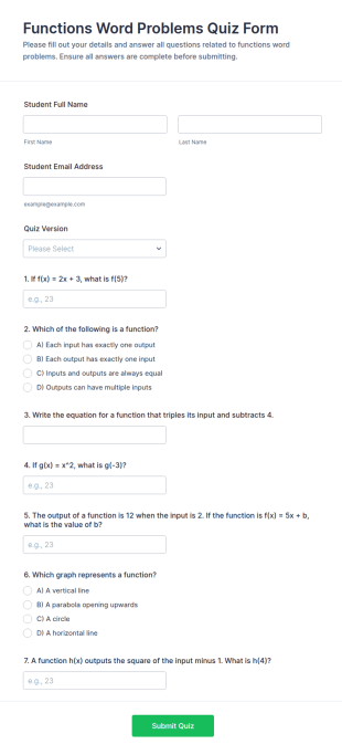 Functions Word Problems Quiz Form Template