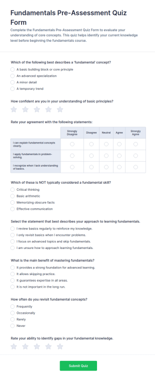 Fundamentals Pre Assessment Quiz Form Template
