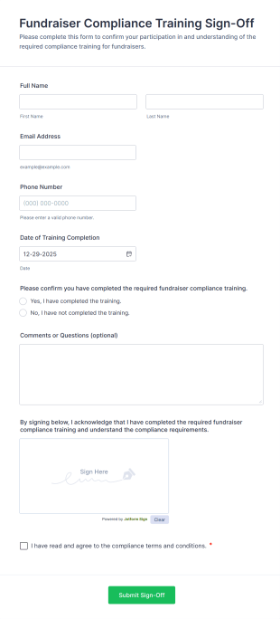 Fundraiser Compliance Training Sign Off Form Template