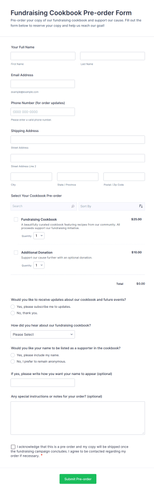 Fundraising Cookbook Pre Order Form Template