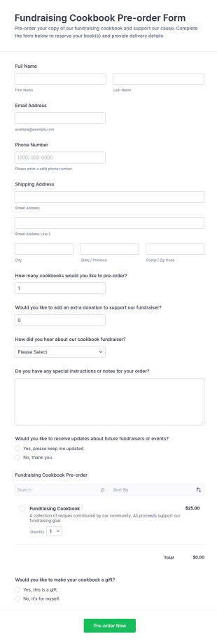 Fundraising Cookbook Pre Order Form Template