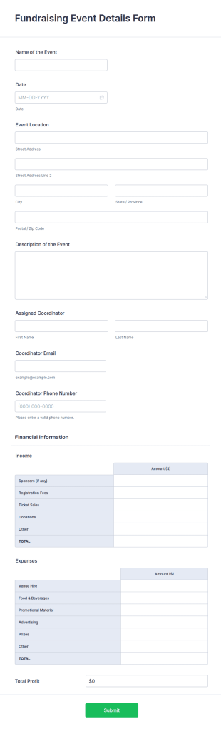 Fundraising Event Details Form Template