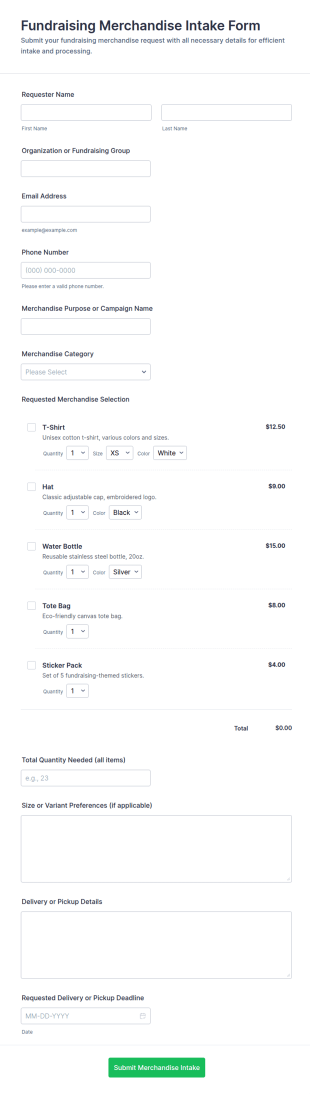 Fundraising Merchandise Intake Form Template