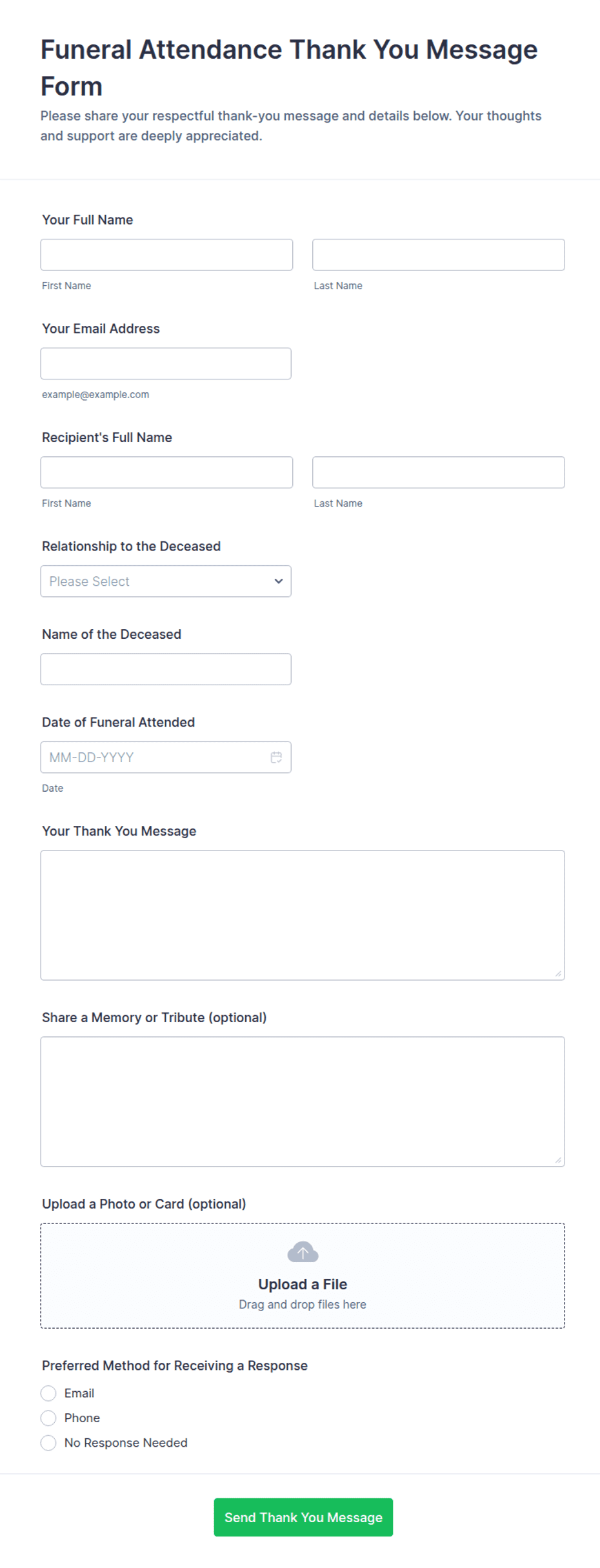 Absentee Form.pdf Funeral Attendance Thank You Message Form Template | Jotform