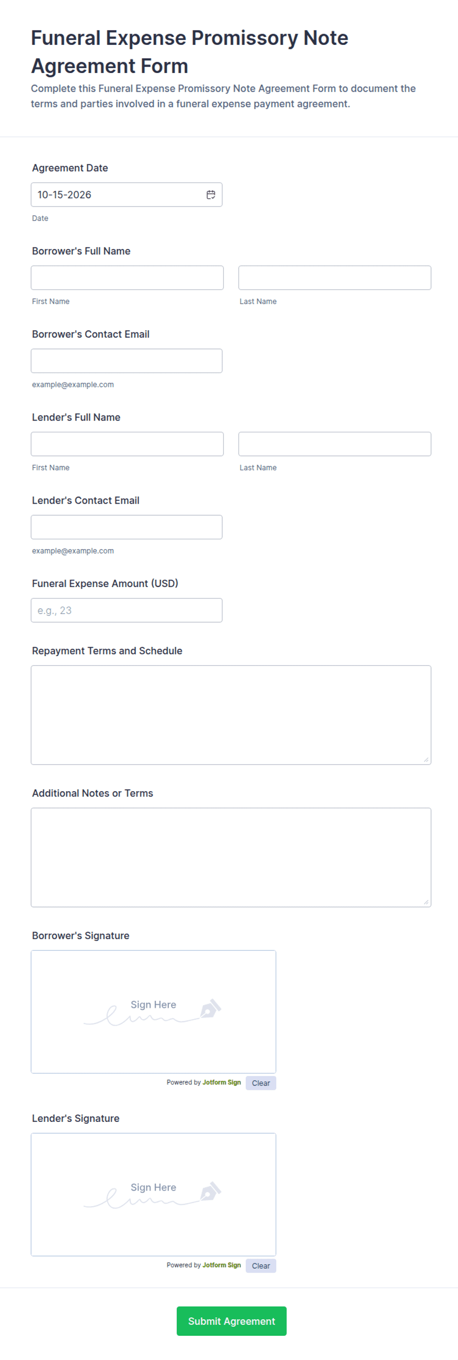 Funeral Expense Promissory Note Agreement Form Template | Jotform