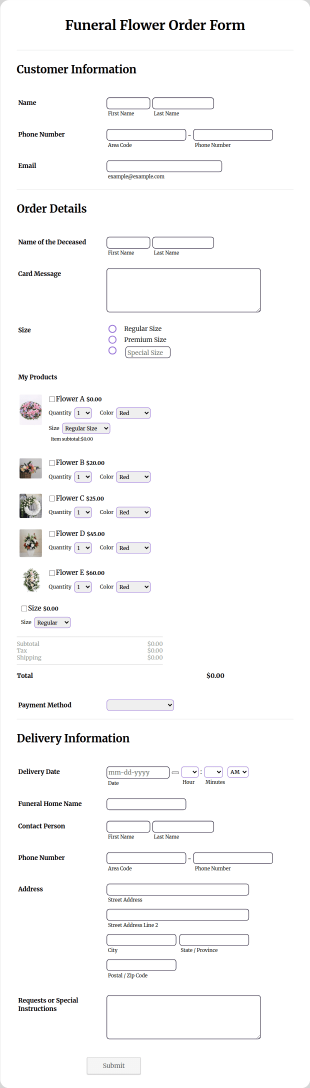 Funeral Flower Order Form Template