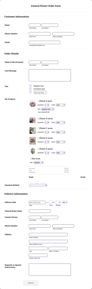 Funeral Flower Order Form Template