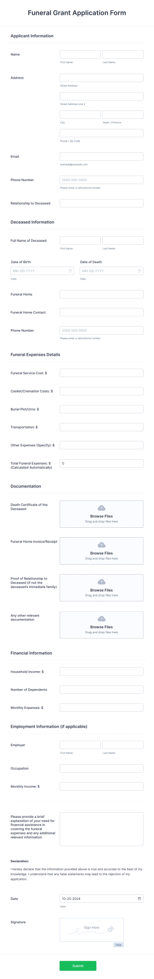 Funeral Grant Application Form Template