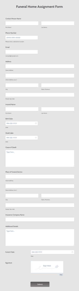 Funeral Home Assignment Form Template