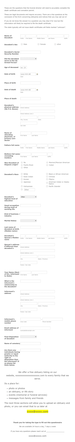 Funeral Home Vital Information Form Template