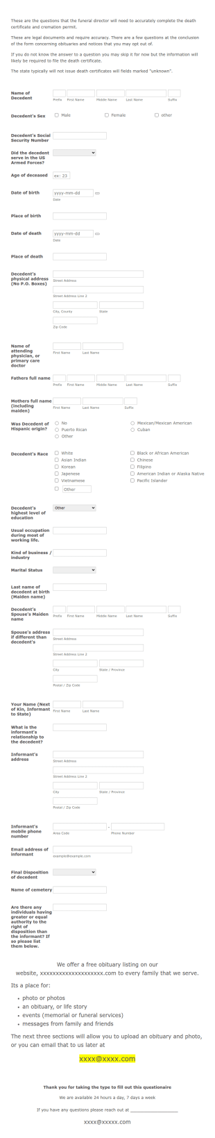 Funeral Home Vital Information Form Template