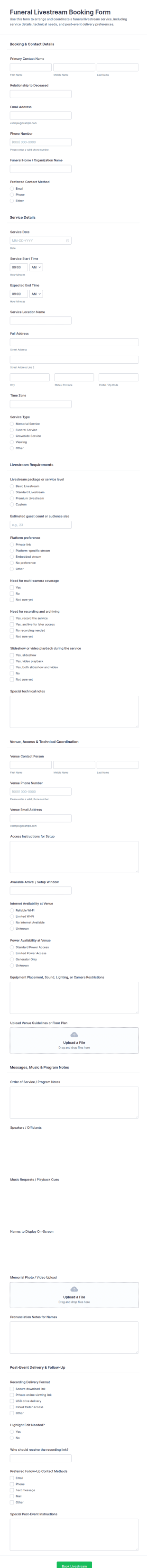 Funeral Livestream Booking Form Template