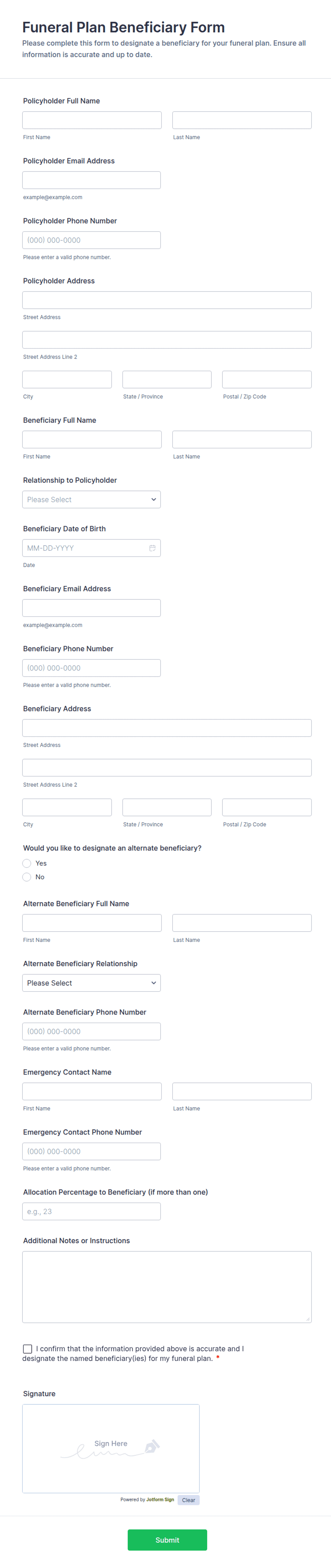 Funeral Plan Beneficiary Form Template | Jotform