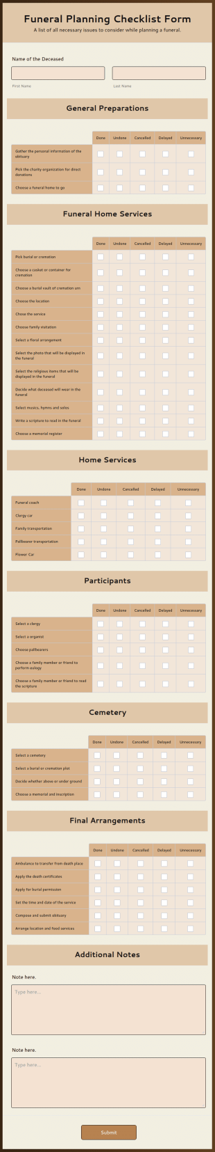 Funeral Planning Checklist Form Template