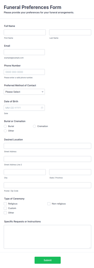Funeral Preferences Form Template