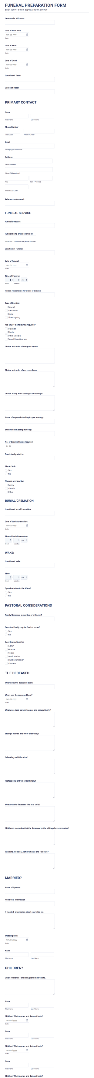 Funeral Preparation Form Template
