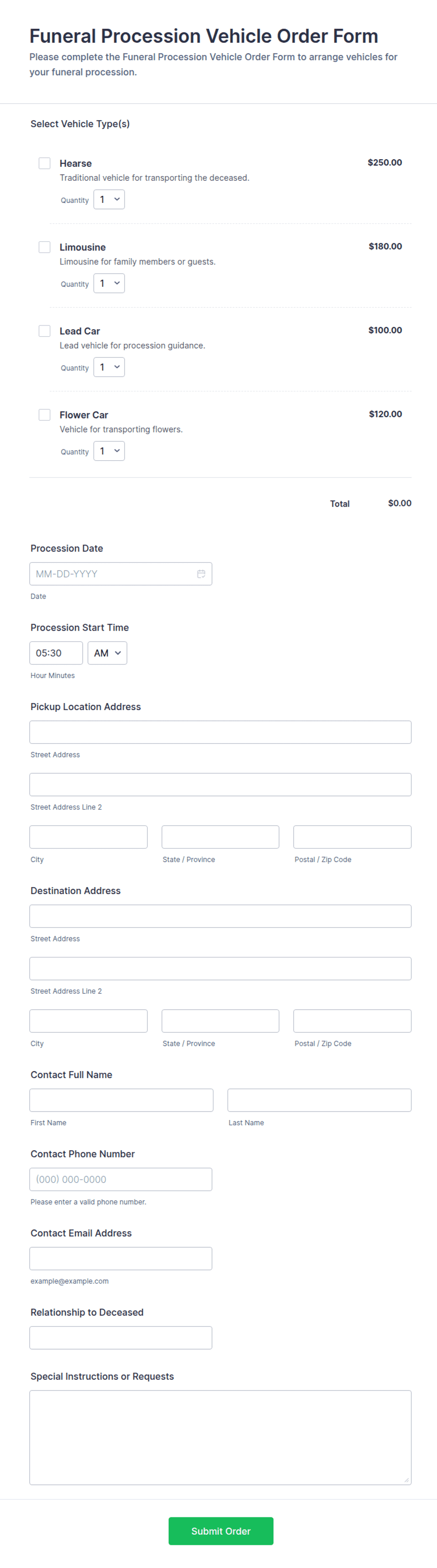 Funeral Procession Vehicle Order Form Template | Jotform