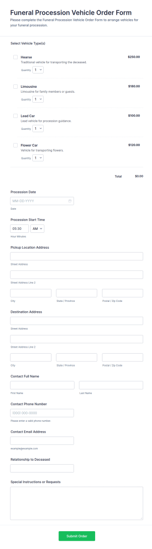 Funeral Procession Vehicle Order Form Template