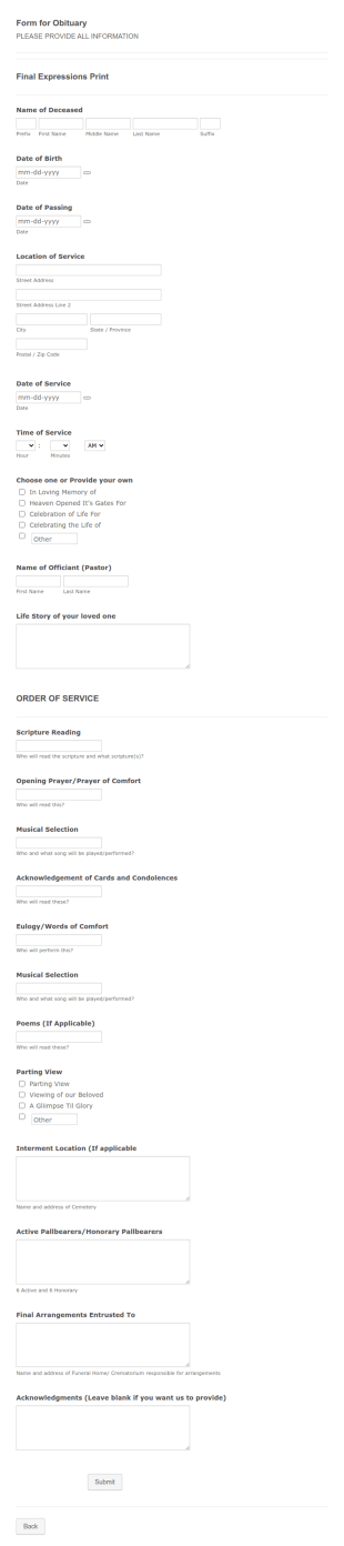 Funeral Program Questionnaire Form Template