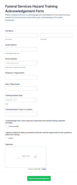 Funeral Services Hazard Training Acknowledgement Form Template