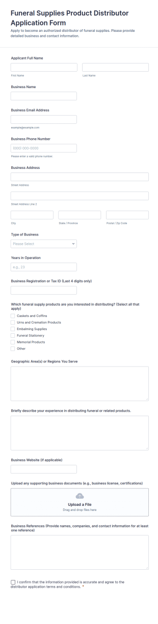 Funeral Supplies Product Distributor Application Form Template