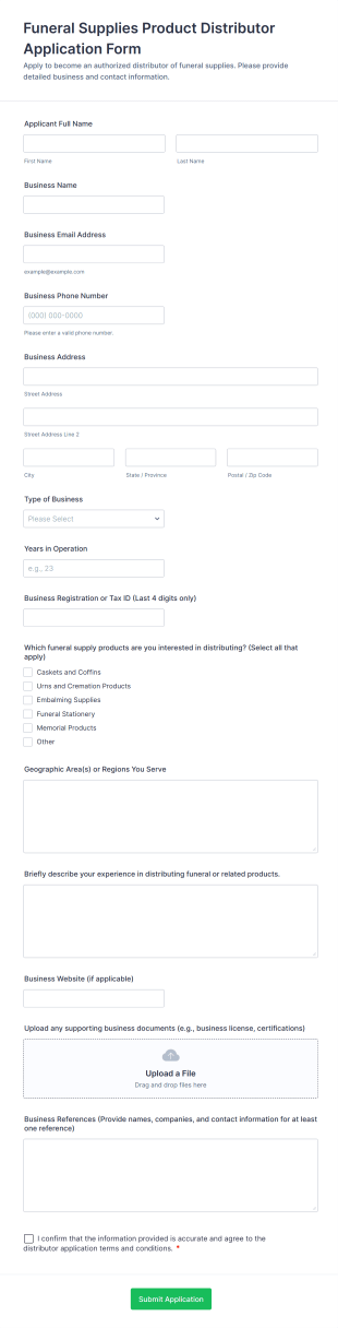 Funeral Supplies Product Distributor Application Form Template