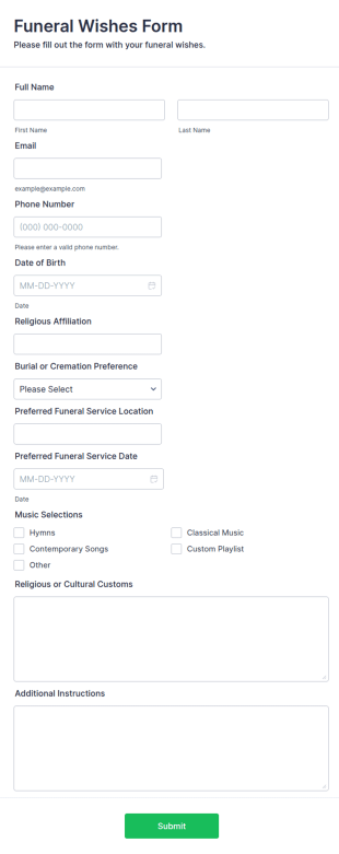 Funeral Wishes Form Template