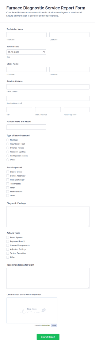 Furnace Diagnostic Service Report Form Template