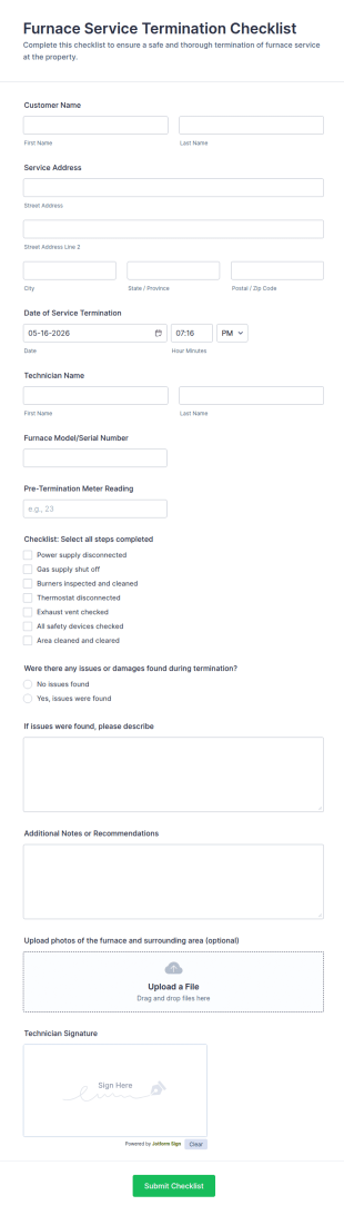 Furnace Service Termination Checklist Form Template