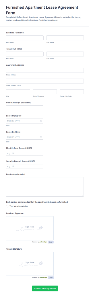Furnished Apartment Lease Agreement Form Template