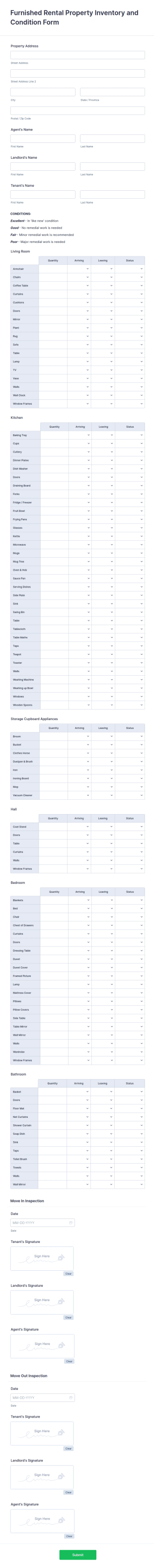 Furnished Rental Property Inventory And Condition Form Template