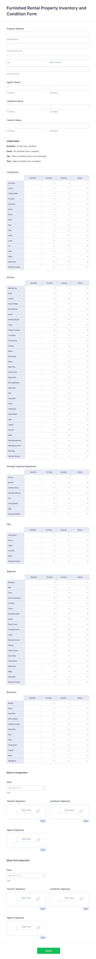 Furnished Rental Property Inventory And Condition Form Template