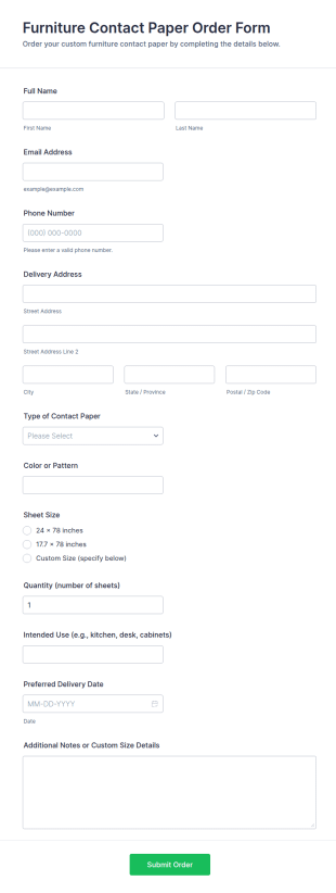 Furniture Contact Paper Order Form Template