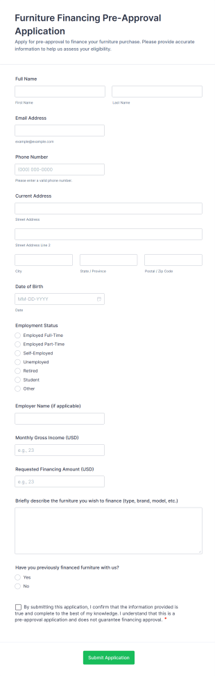 Furniture Financing Pre Approval Application Form Template