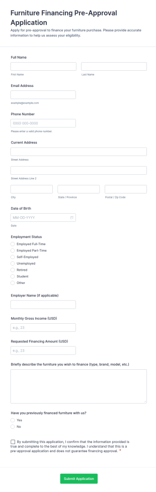 Furniture Financing Pre Approval Application Form Template