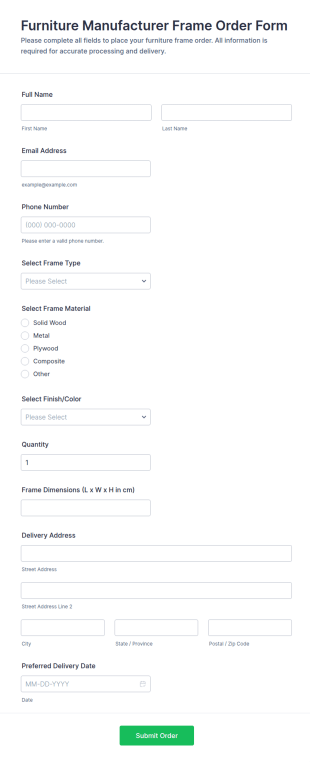 Furniture Manufacturer Frame Order Form Template
