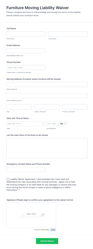 Furniture Moving Liability Waiver Form Template
